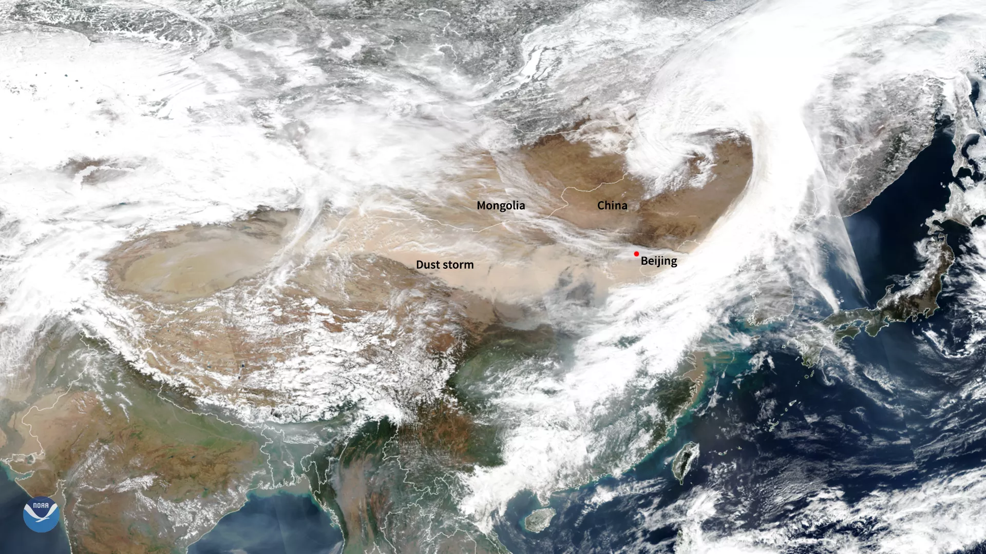 POES TrueColor imagery of dust storm in Asia, labeling Mongolia, China, and Beijing.