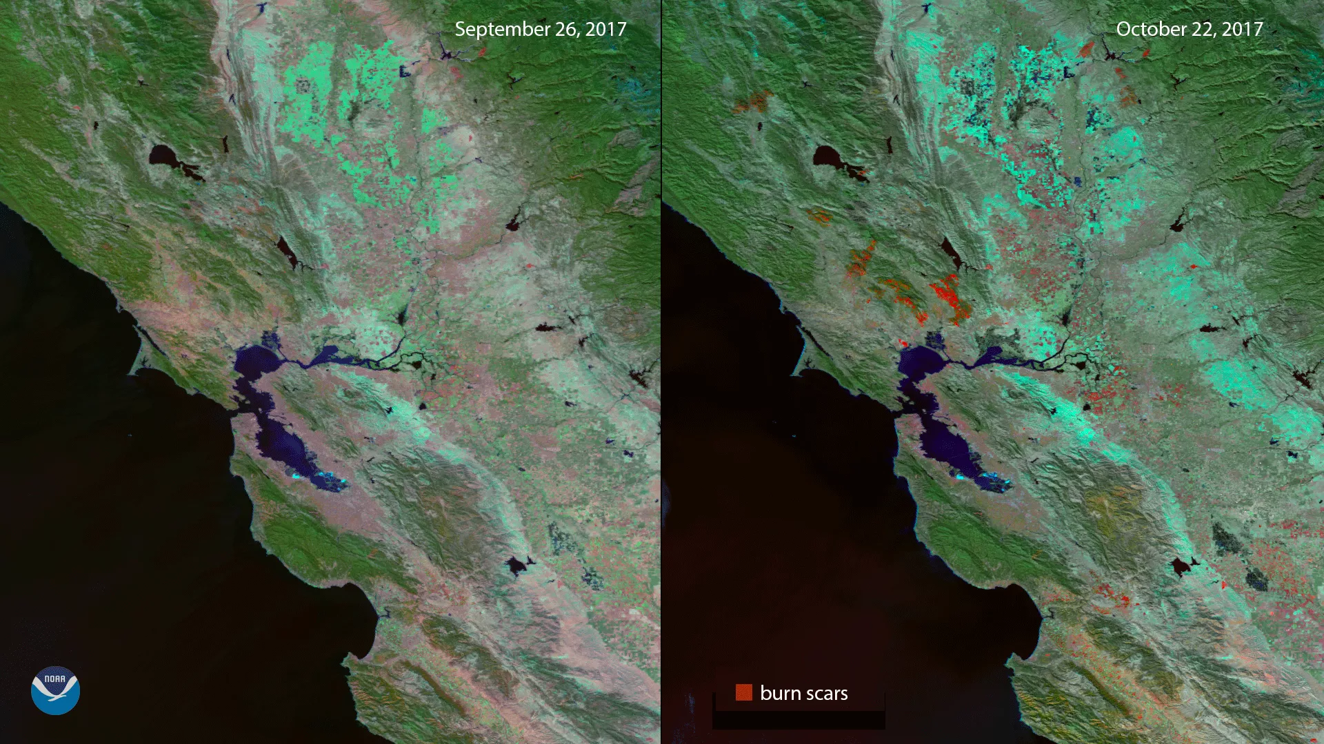 Side-by-side images of California from before and after wildfires. Burn scars can be seen in the second image.
