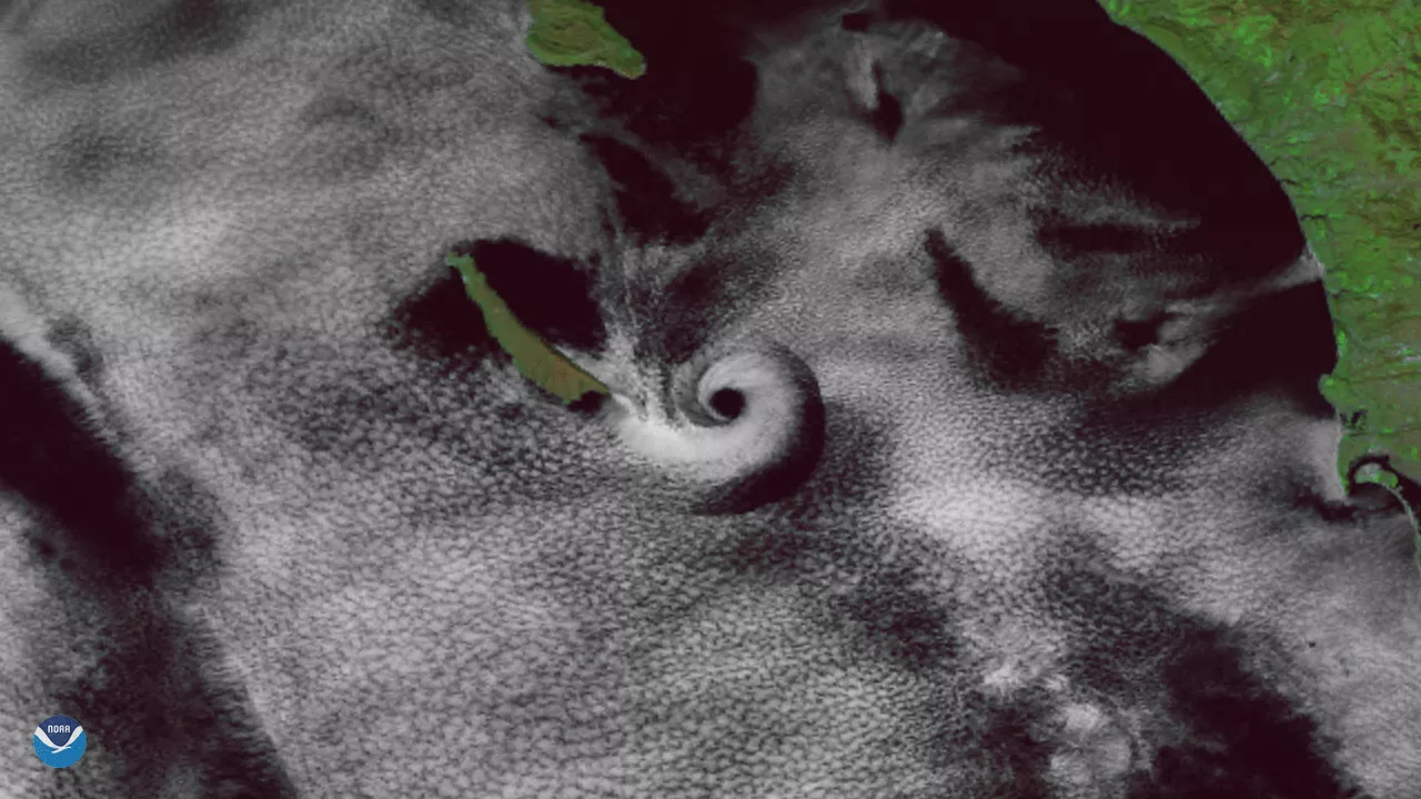 Satellite imagery of spiral cloud off southern California coast.