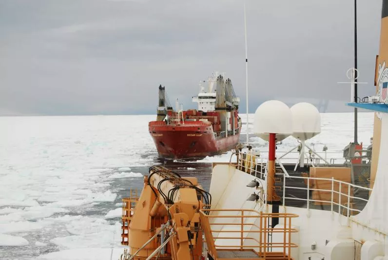 Ship Polar Star navigating through icy waters of Antarctica