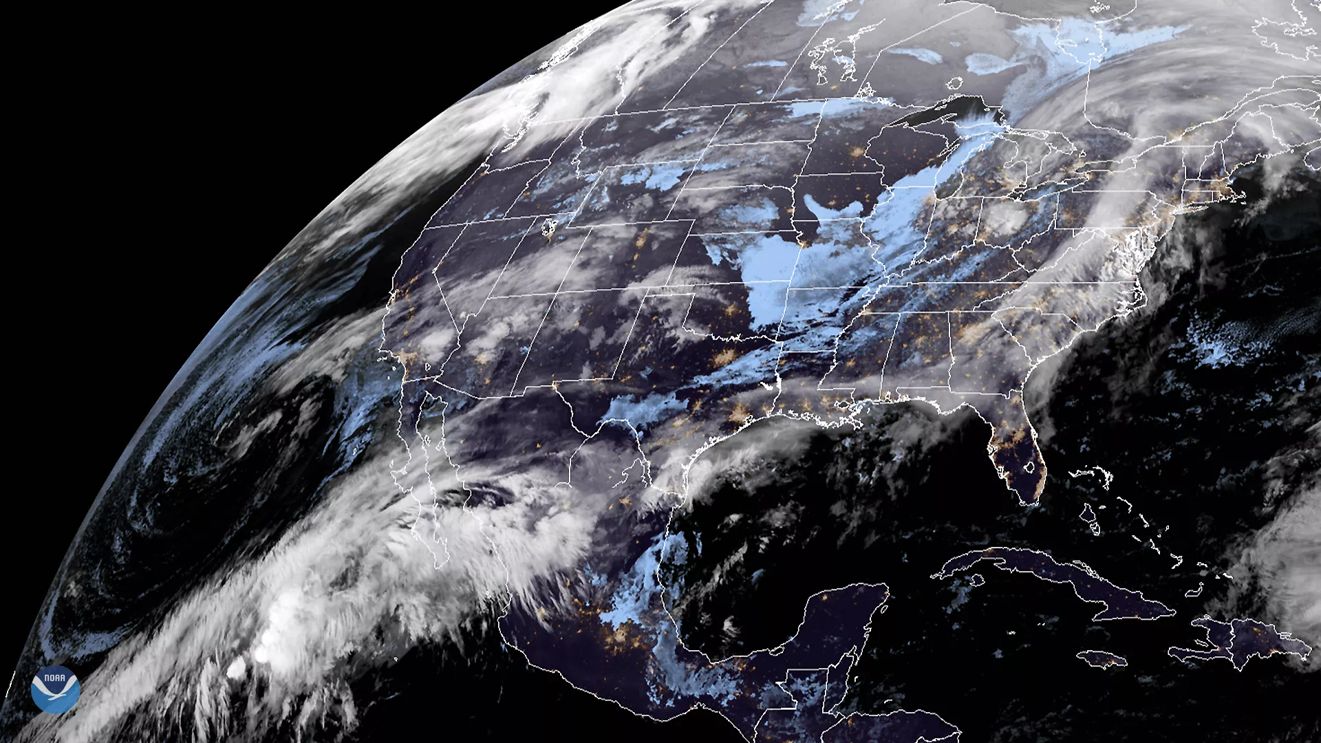 The GOES-East satellite view of an atmospheric river (or AR) flowing up from the South Pacific, setting up across the Gulf of Mexico and into the U.S. on March 2020.