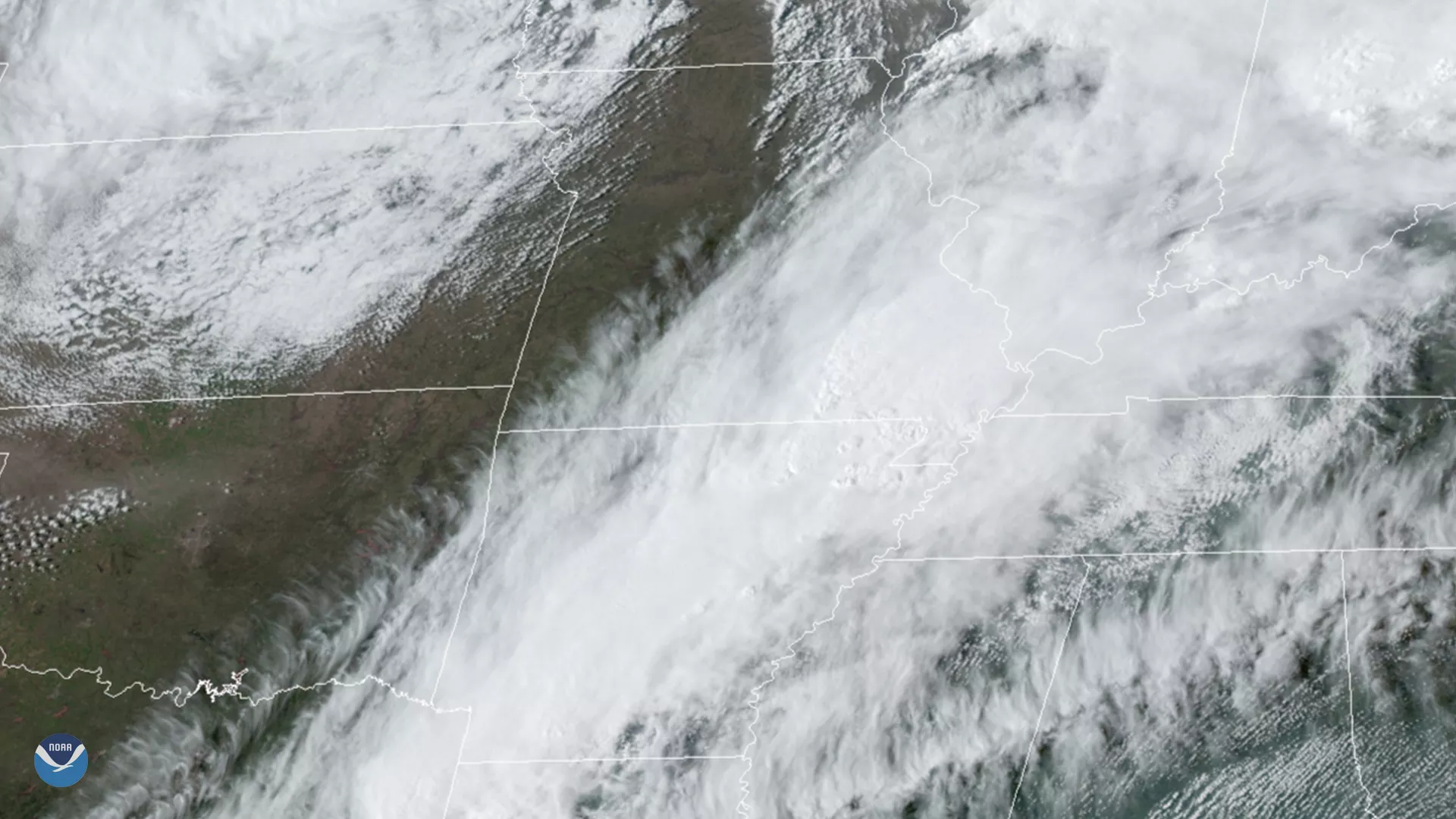 GeoColor imagery of tornadoes in Arkansas from GOES East in March.