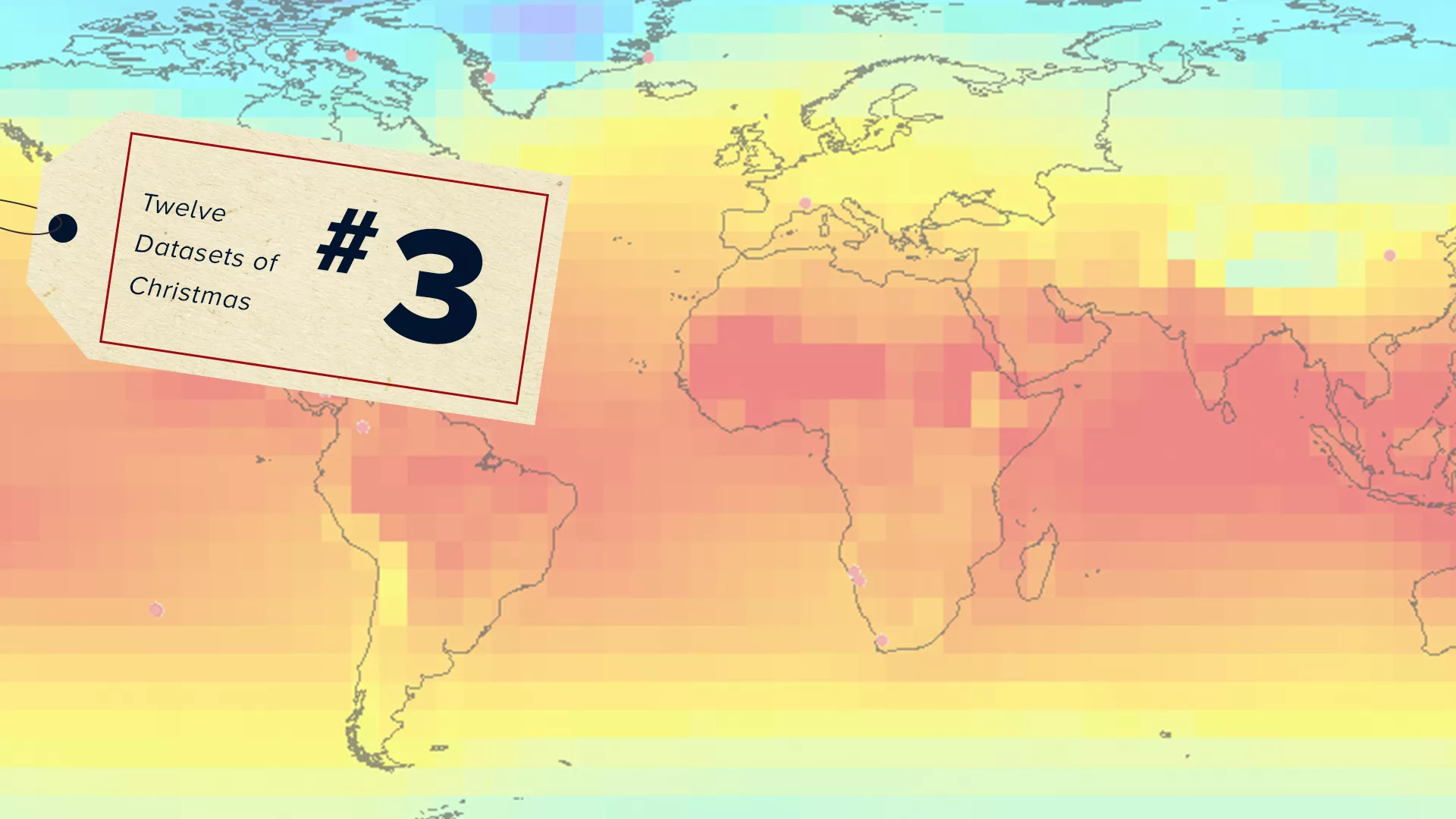 Rectangular projection of Earth, showing paleoclimatic data, with a #3 sticker for the 12 datasets of Christmas on top.