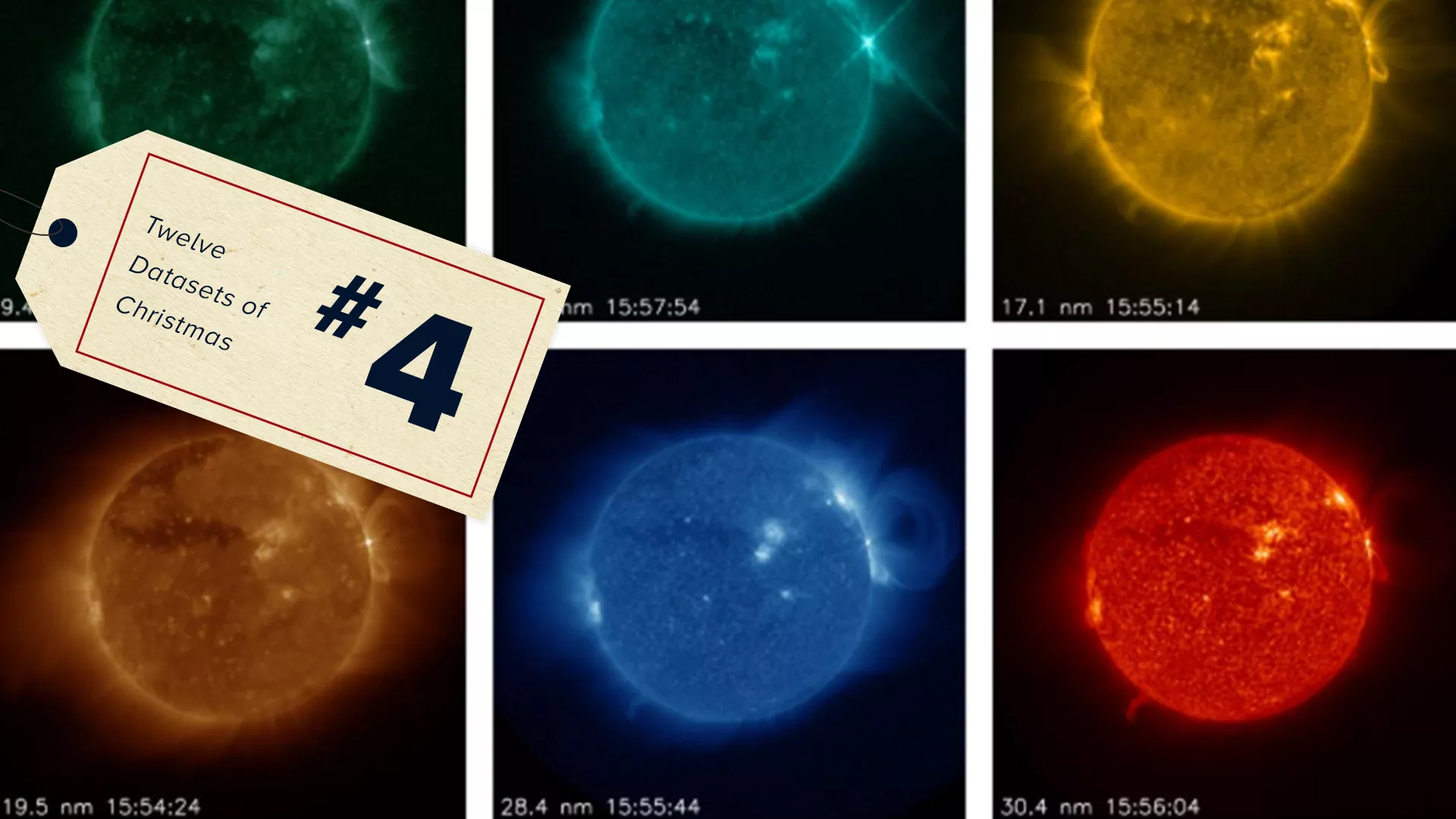 Imagery of the six wavelengths that SUVI uses to visualize the Sun, with a #4 sticker for the 12 datasets of Christmas on top. 
