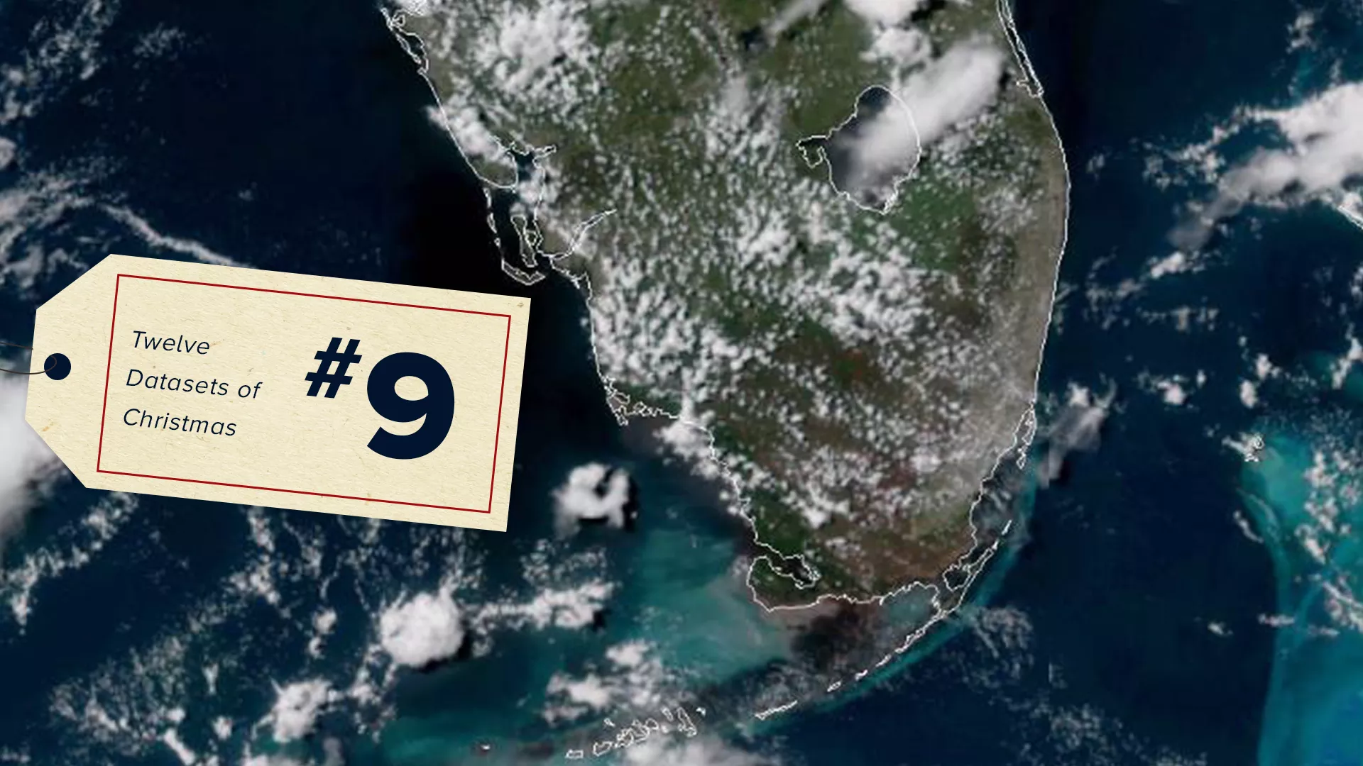 GeoColor imagery of the southern tip of Florida and algal blooms around its coast, with a #9 tag of the 12 Datasets of Christmas on top.