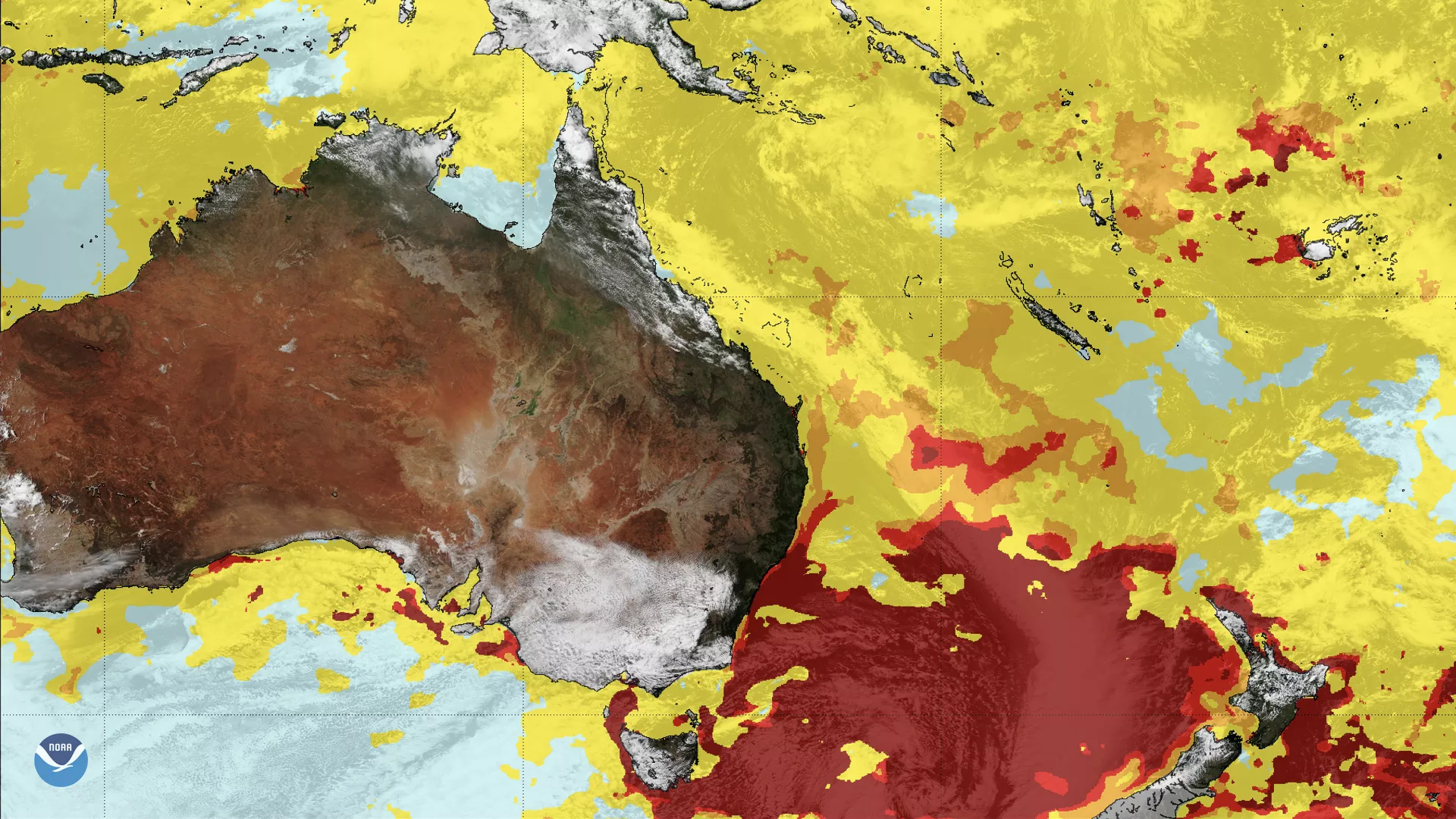 Map of waters surrounding Australia and where coral bleaching watches and warnings are in effect.