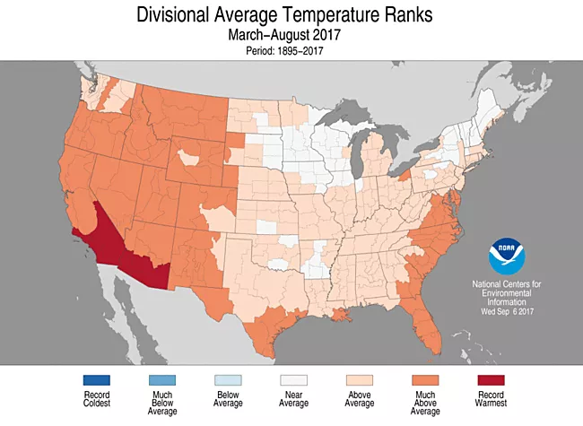 Map of the Continental U.S. with divisional average temperatures between March-August, 1895-2017.