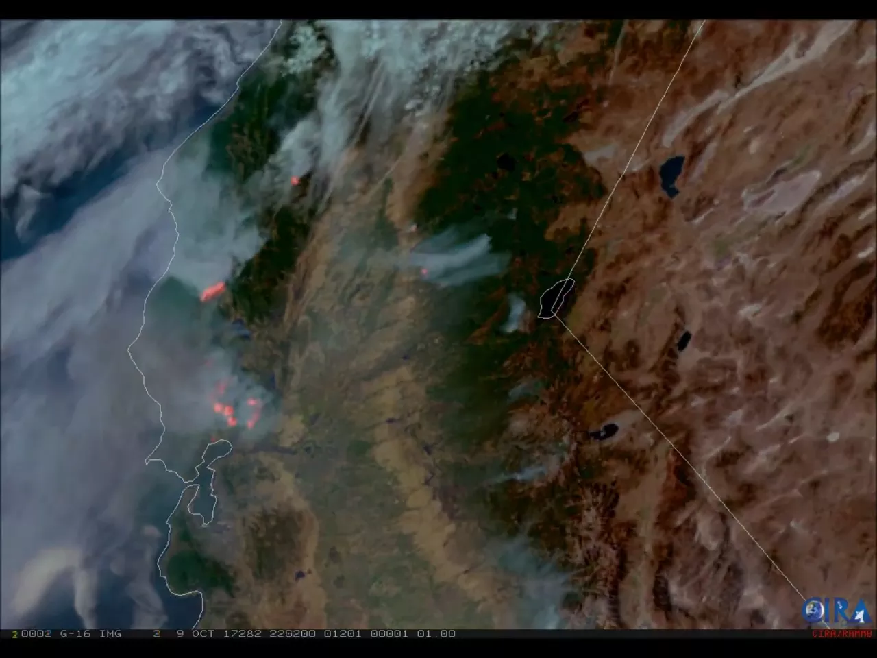 GeoColor imagery from the GOES-16 satellite, of wildfires raging in California on October 9, 2017. 