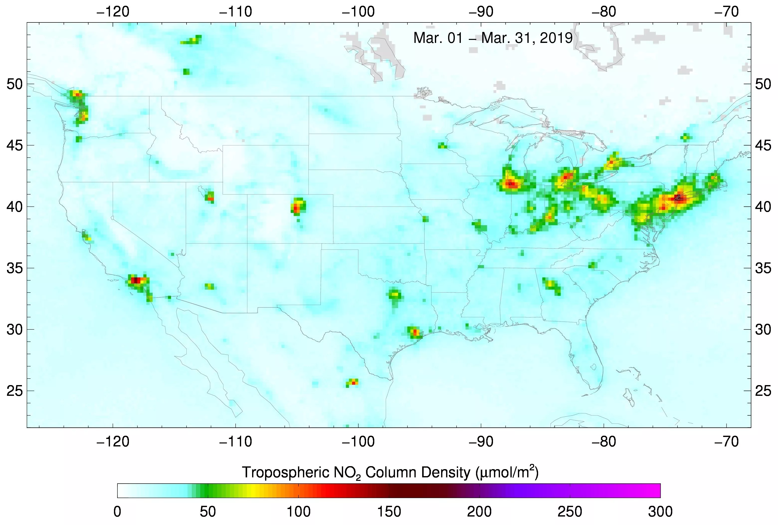 Nitrogen dioxide concentrations over the US, seen in green, yellow and red; highest concentrations over the Mid-Atlantic, near the Great Lakes, near Seattle, Denver, and LA