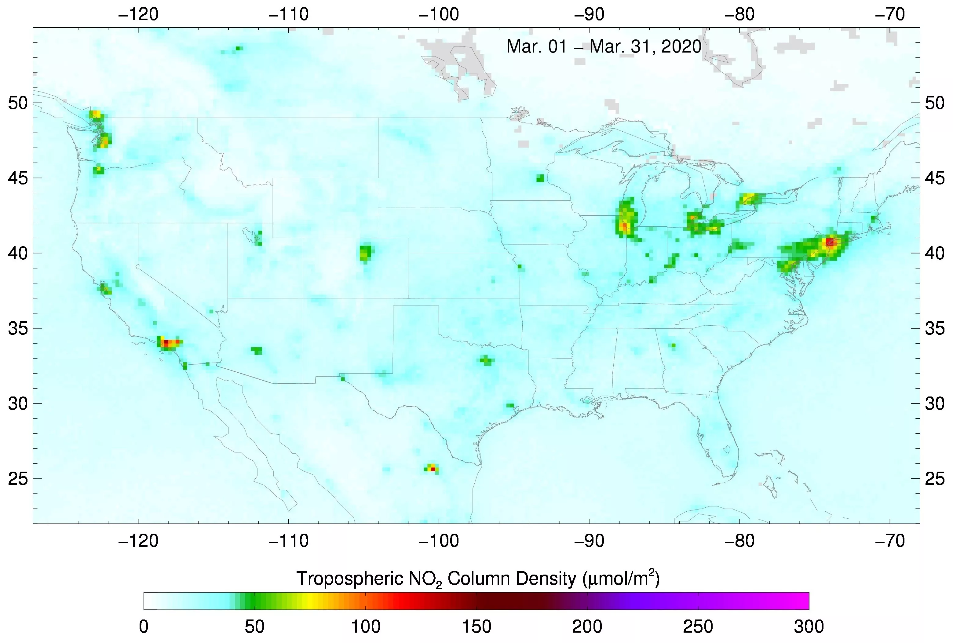 Nitrogen dioxide concentrations over the US in March 2020, seen in red, yellow and green; levels are significantly lower than in the March 2019 image