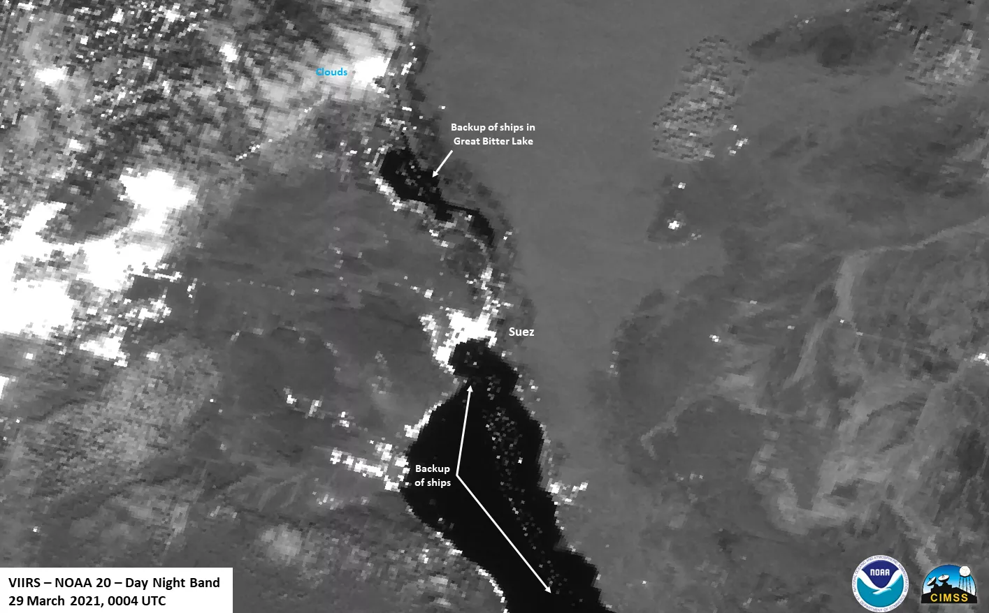 DNB imagery of NOAA-20, capturing backup at Suez Canal in March 2021.