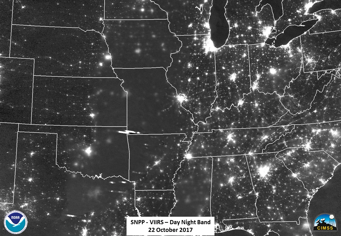 Suomi-NPP DNB satellite imagery of lightning over the Continental U.S.,  Oct. 2017.