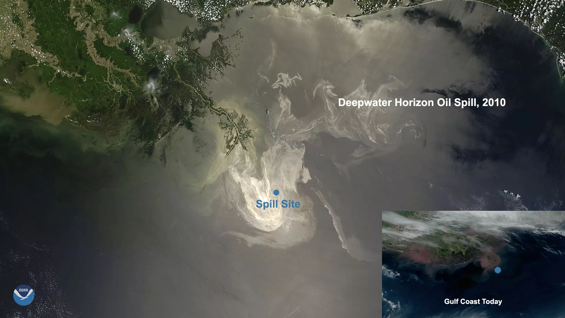 Satellite image of the Gulf of Mexico, showing the location of the Deepwater Horizon spill site and the extent of the oil spill on April 20, 2010