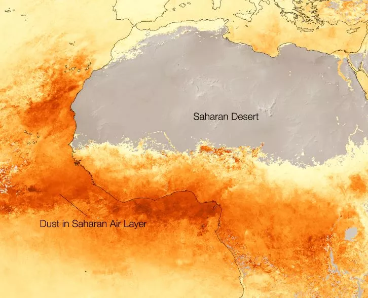 A data visualization of northern Africa showing aerosol presence in orange; the deepest orange (most aerosol) is off the western coast of northern Africa