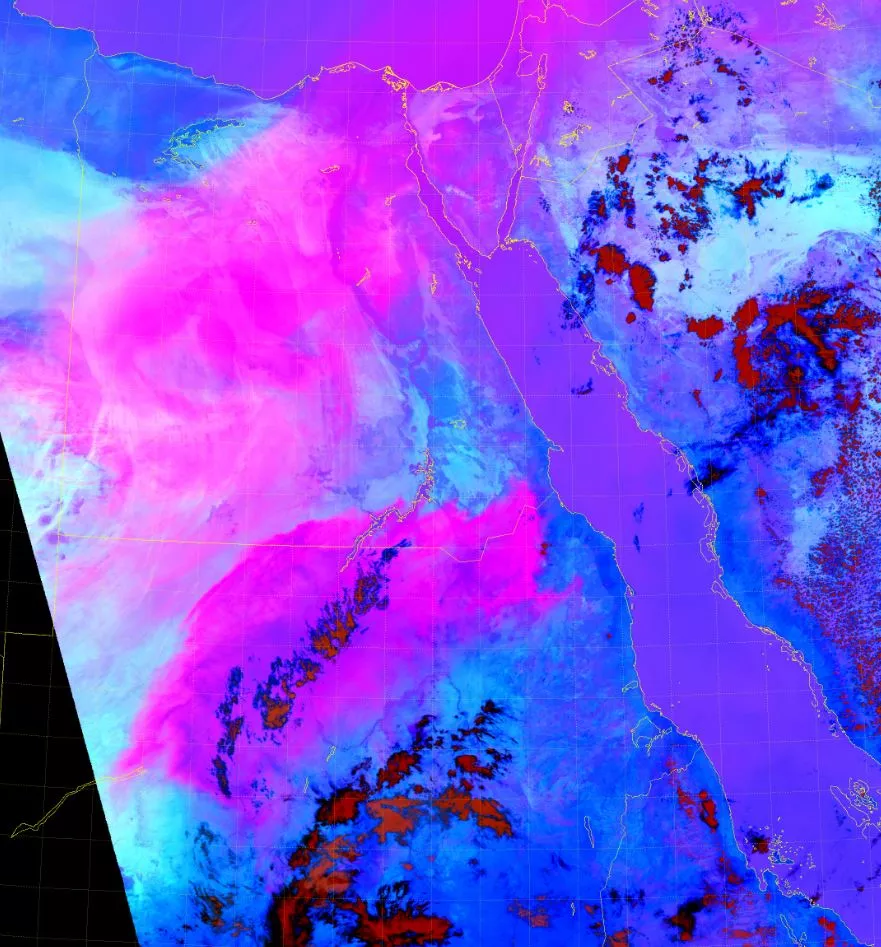 A false-color satellite image of Egypt and the Red Sea; the ground and water appear in shades of royal blue, cyan, purple and deep red, while a dust cloud over eastern Egypt is magenta