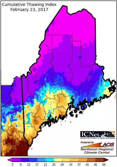 This image, from the Northeast Regional Climate Center’s Roadway Freeze-Thaw interface, shows portions of Maine (in yellow to brown) using the cumulative thawing index 
