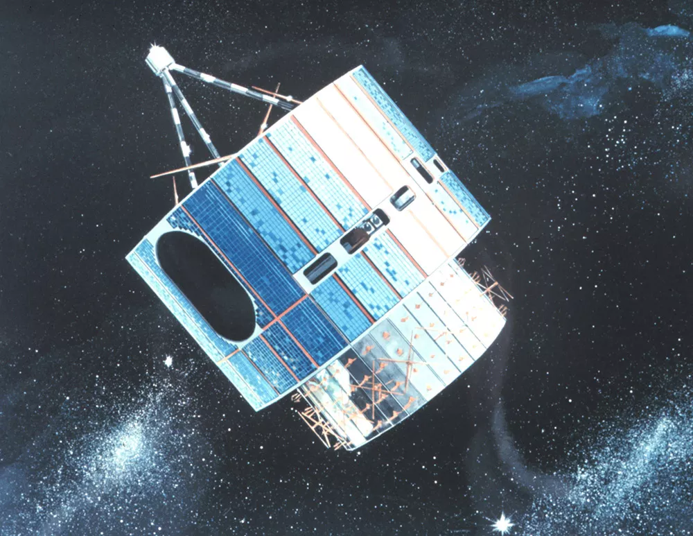 A rendering of GOES-1, set against outer space. 