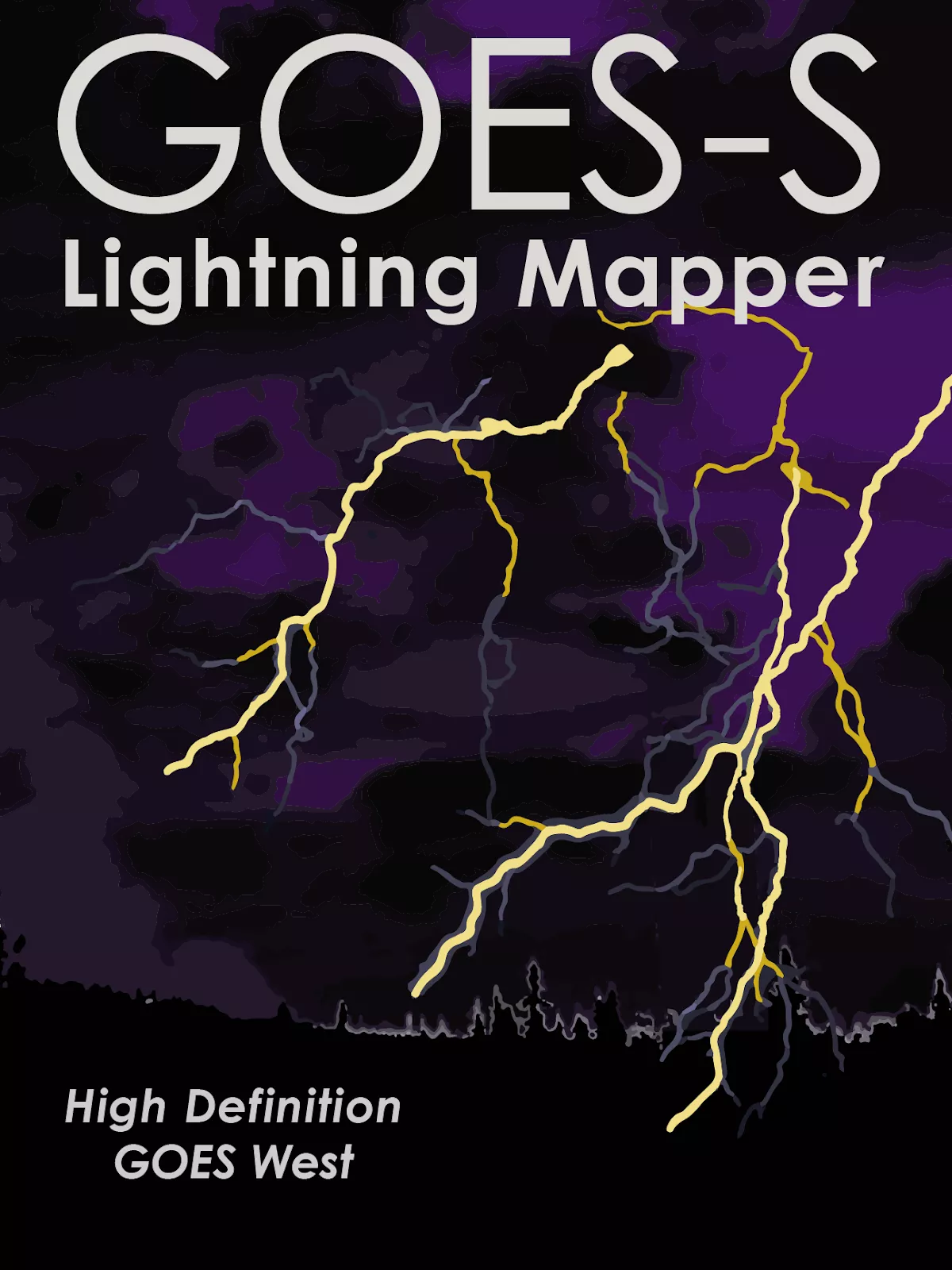 GOES-S promotional image, with "Lightning Mapper" outlined and "High Definition GOES West" at the bottom. Lightning is in the background. 