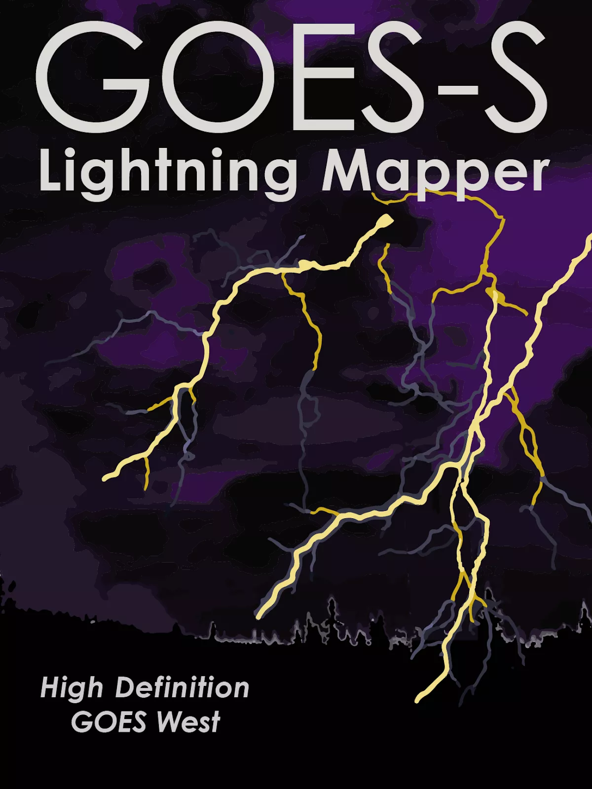 GOES-S promotional image, with "Lightning Mapper" outlined and "High Definition GOES West" at the bottom. Lightning is in the background.