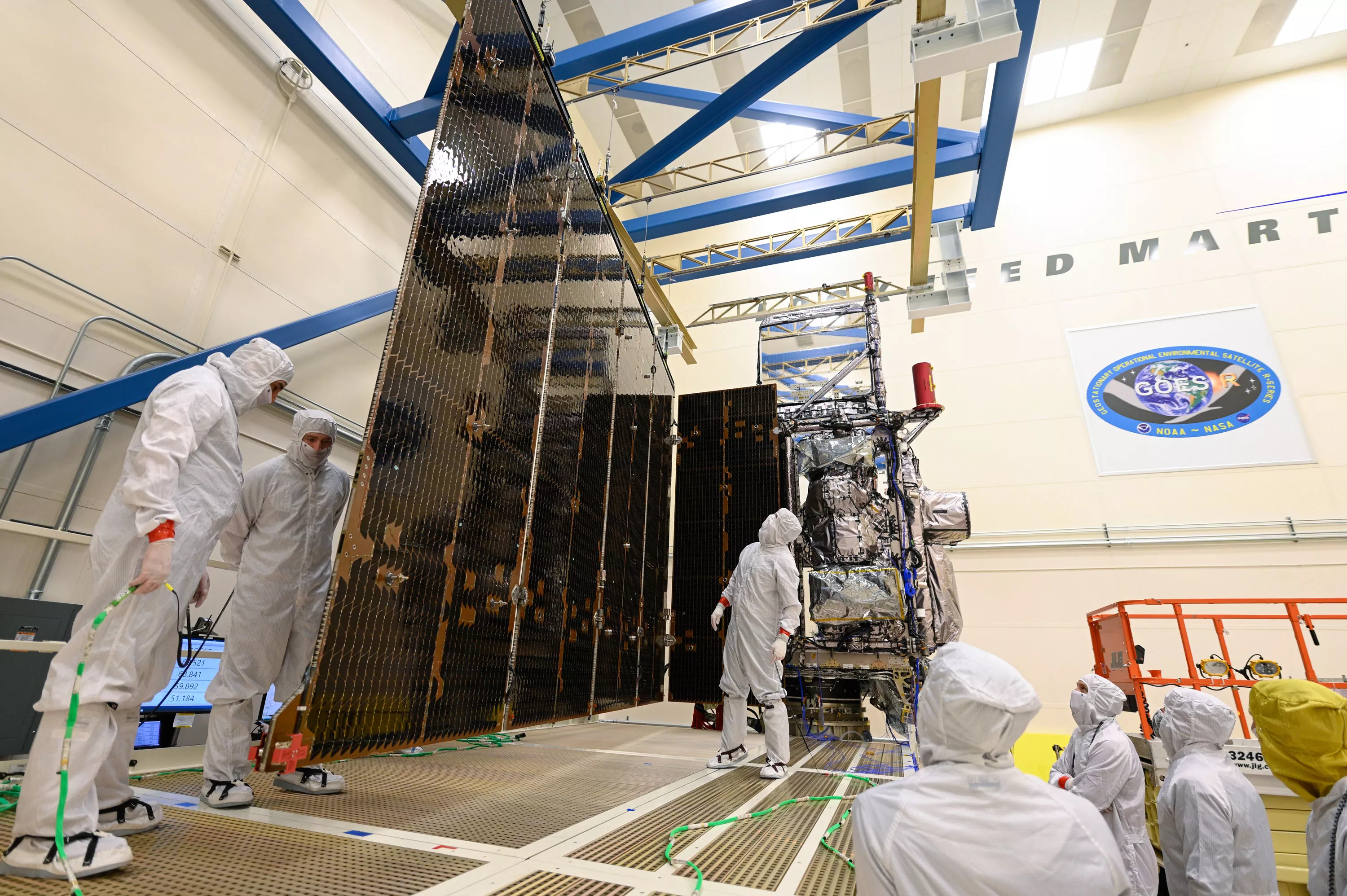 Engineers conduct the GOES-T solar array deployment test.