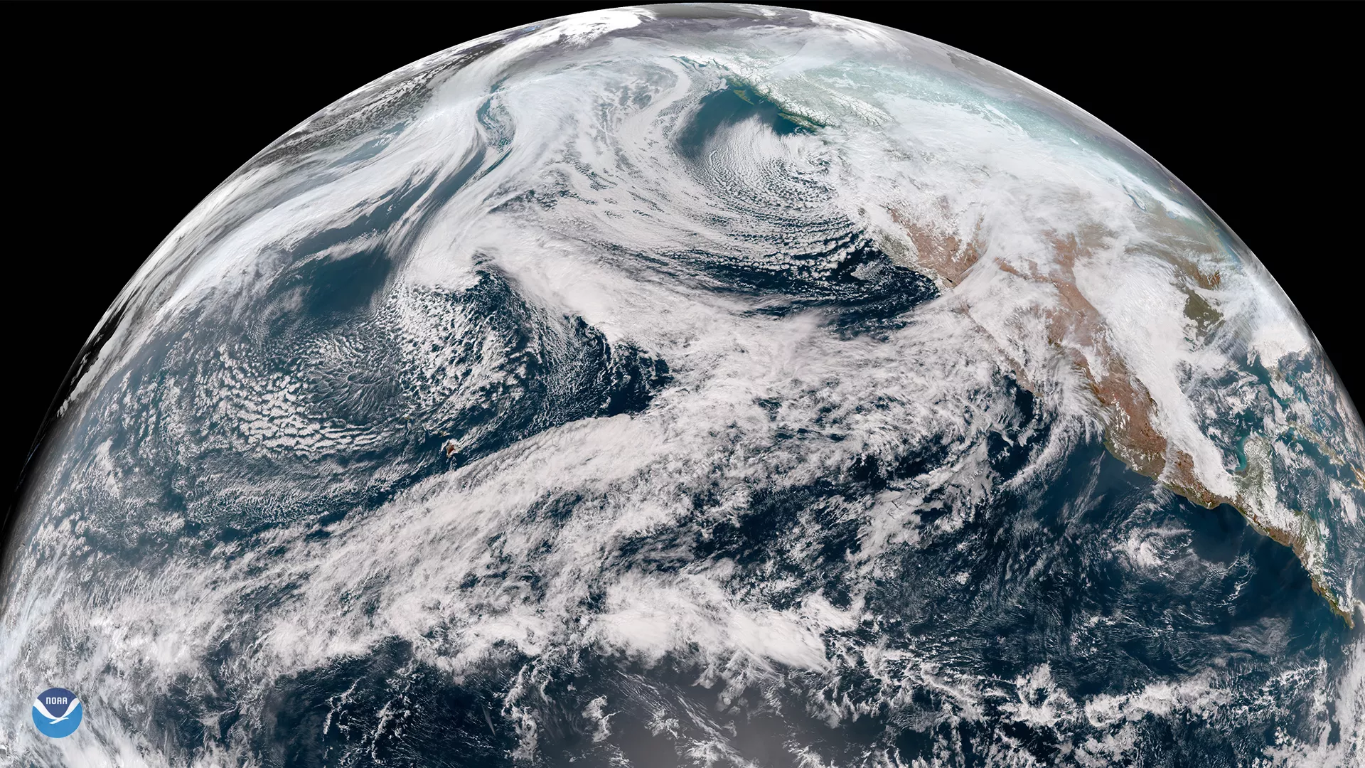 GOES-17 GeoColor view of the Northern Hemisphere, focused on the west coast of the U.S., Feb. 9, 2019.