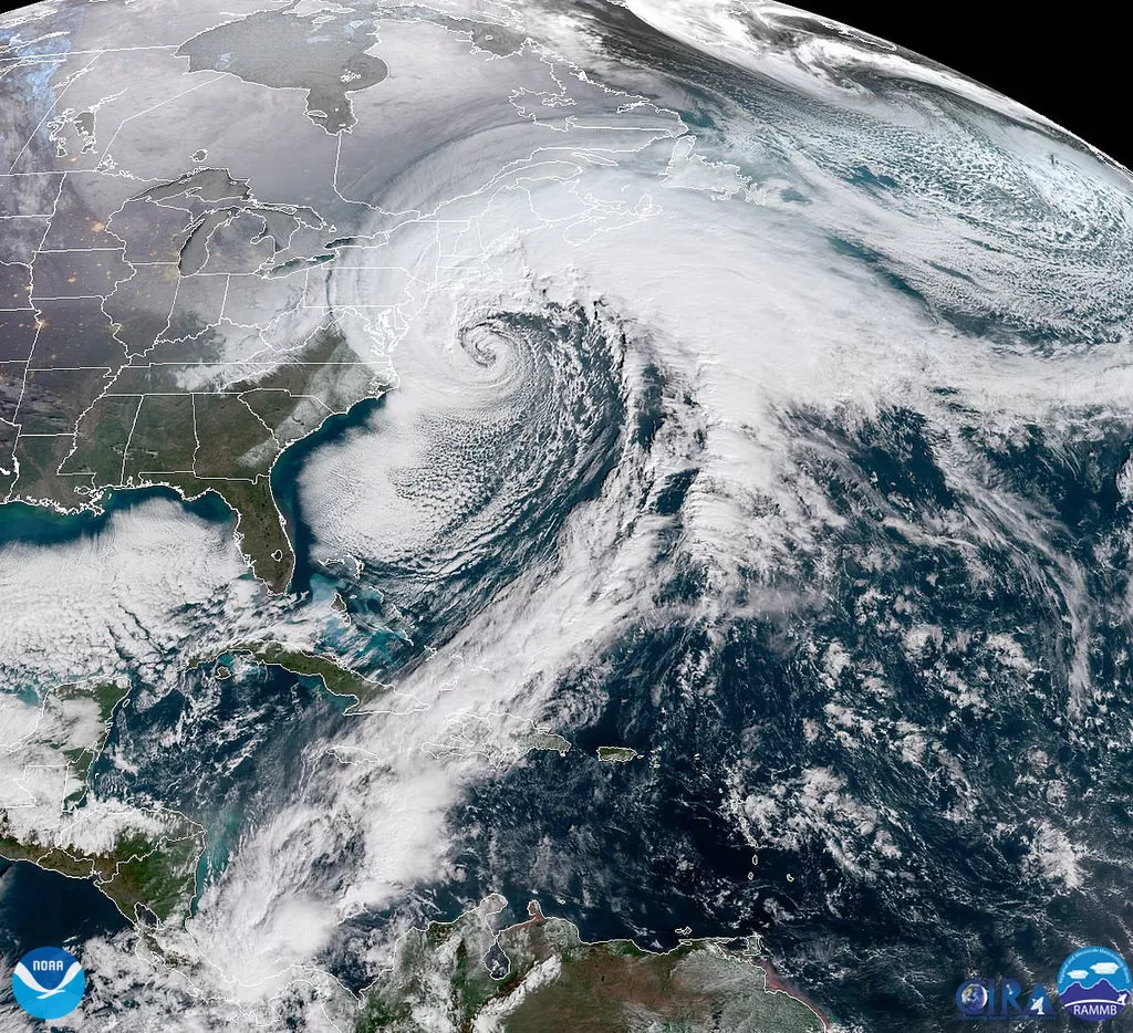 GeoColor imagery of bombgenesis cyclone working its way up the East coast, Jan. 2018. 