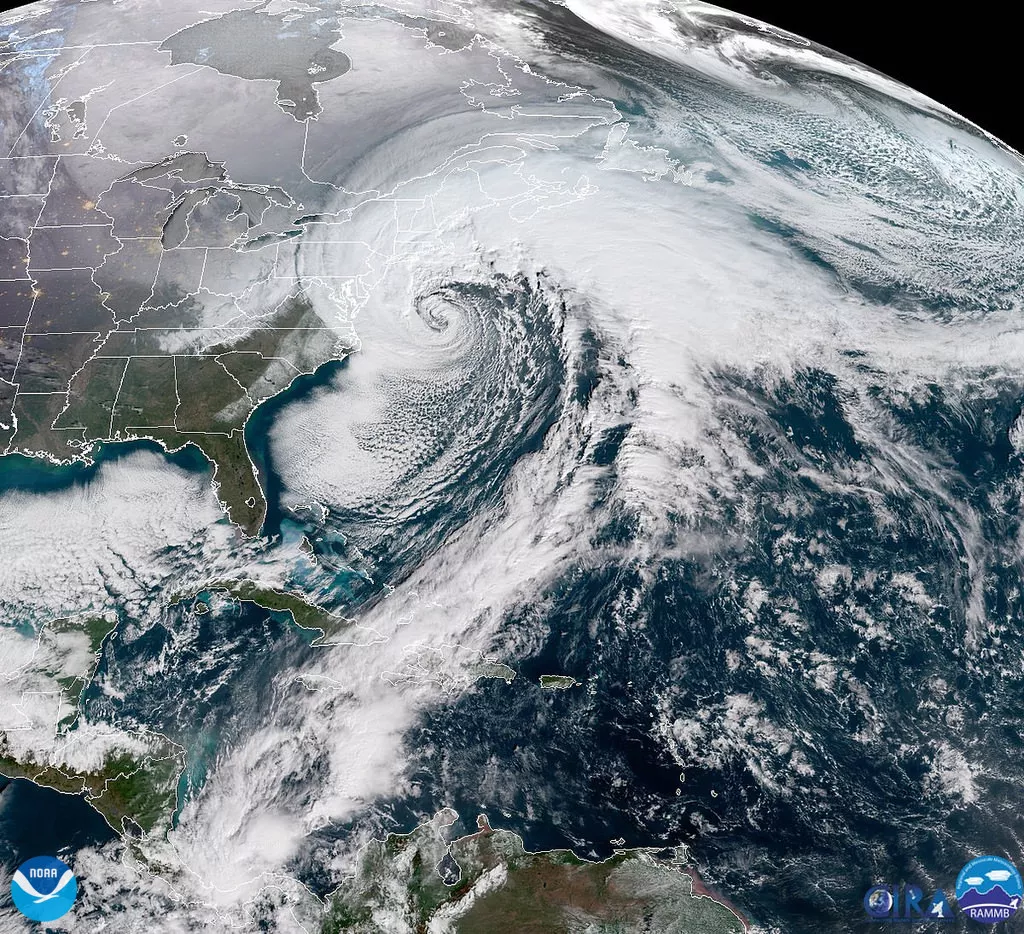 GeoColor imagery of bombgenesis cyclone working its way up the East coast, Jan. 2018.