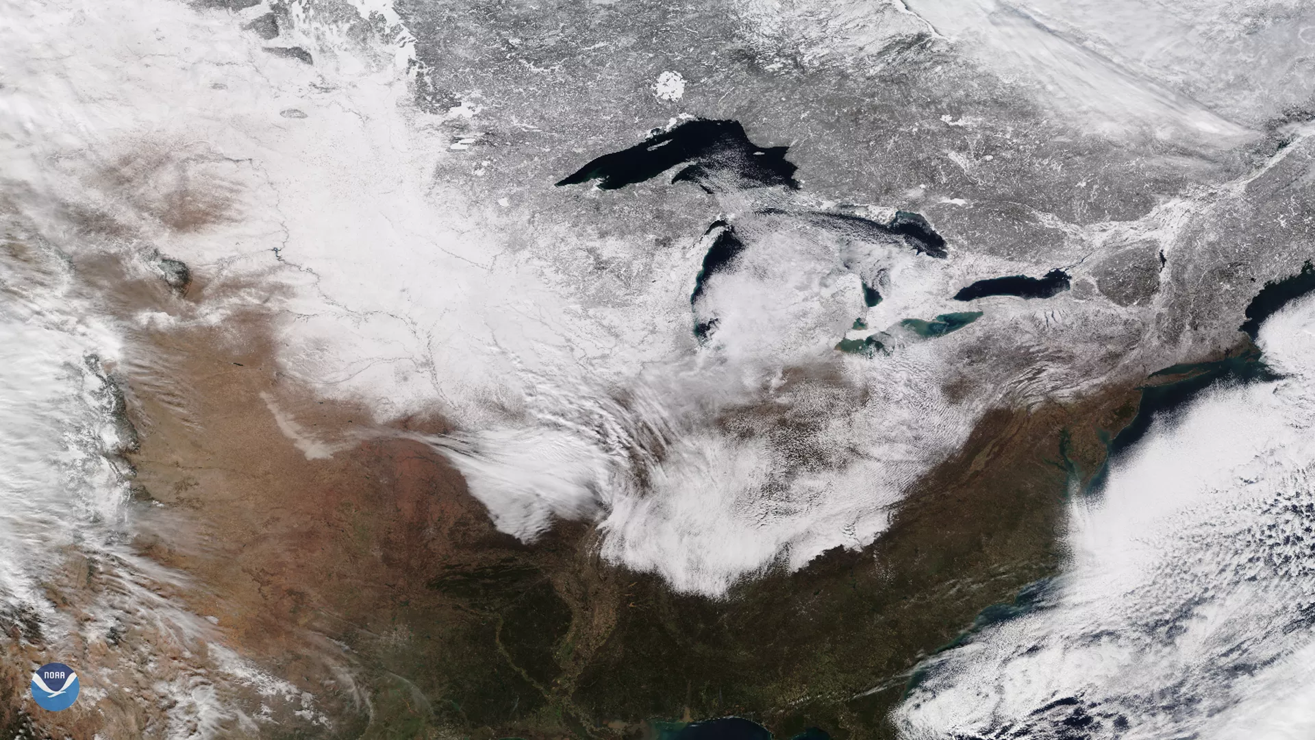 The NOAA-20 satellite zoomed over North America on Jan. 20, 2020, showing True Color imagery of the Great Lakes. 