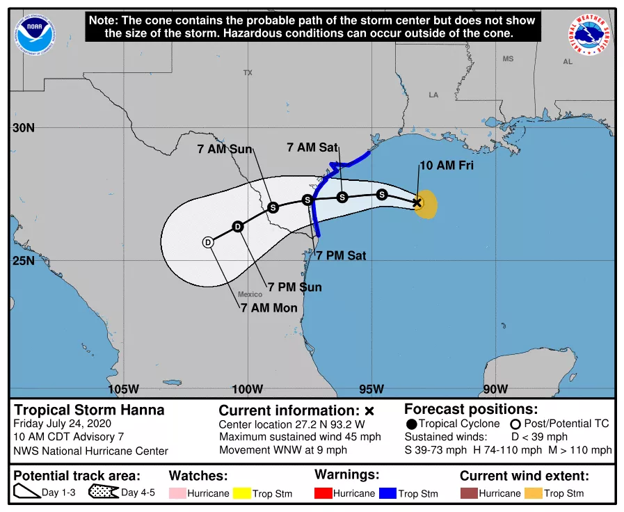 Forecast cone for Tropical Storm Hanna, July 2020, showing five day projection of path.