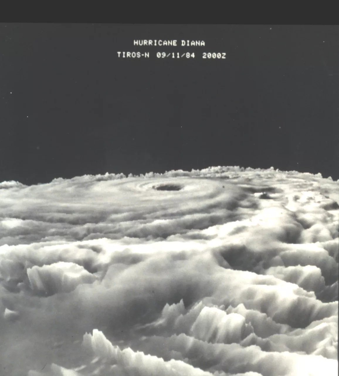 TIROS-N satellite imagery of Hurricane Diana from low orbit in 1984, showing a 3-D view of the eye and eyewalls of the hurricane in visible imagery.