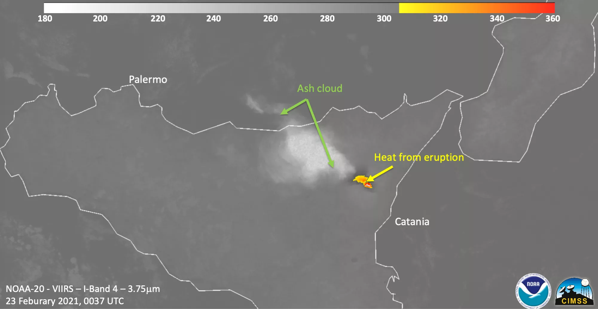VIIRS infrared imagery of Mt. Etna eruption, taken Feb. 23.