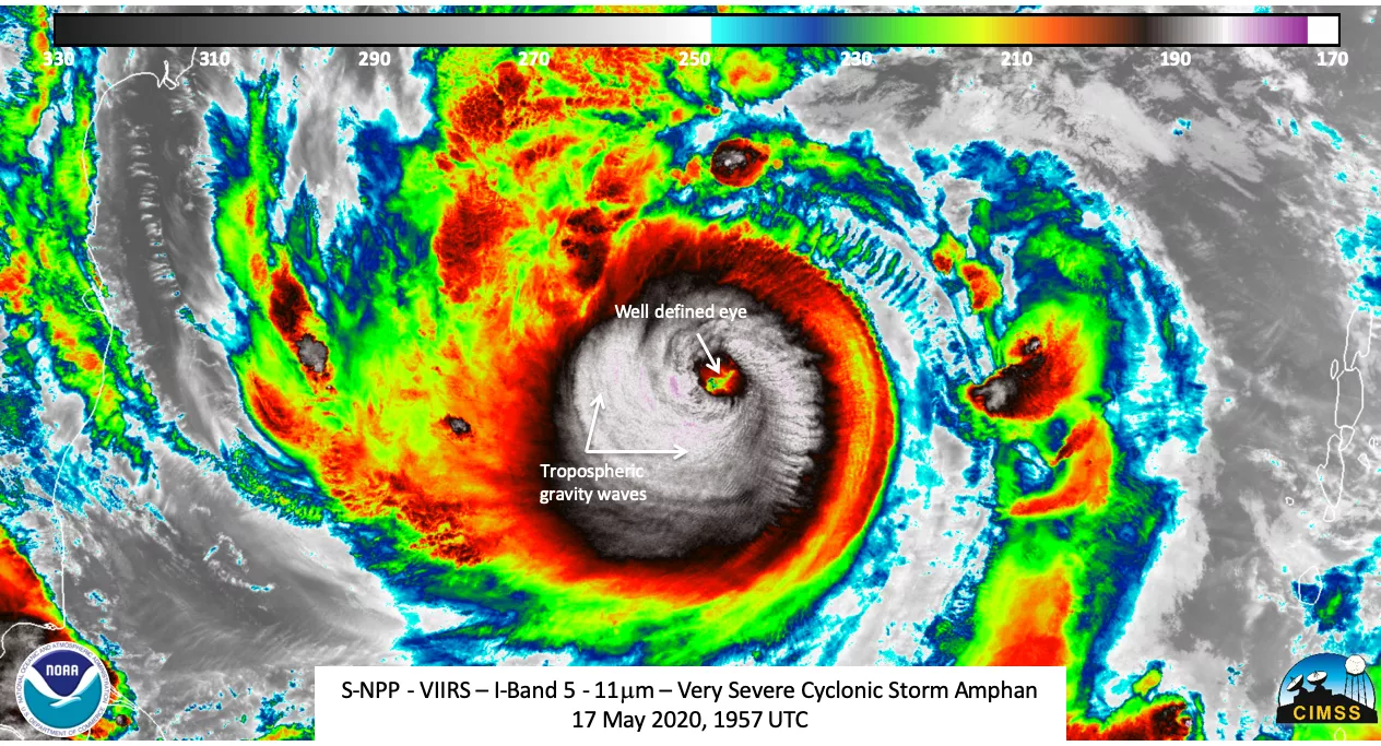 Infrared imagery of Very Severe Cyclonic Storm Amphan on May 17, 2020 via the Suomi-NPP satellite.