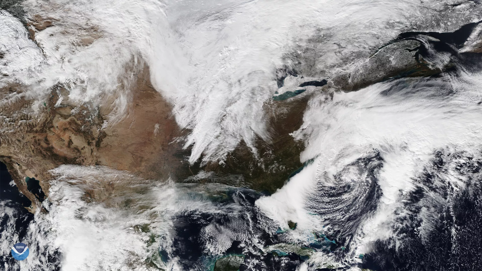 NOAA-20 satellite True Color imagery of a nor’easter off the mid-Atlantic coast and a low-pressure system off of Florida’s shores on Nov. 17, 2019.