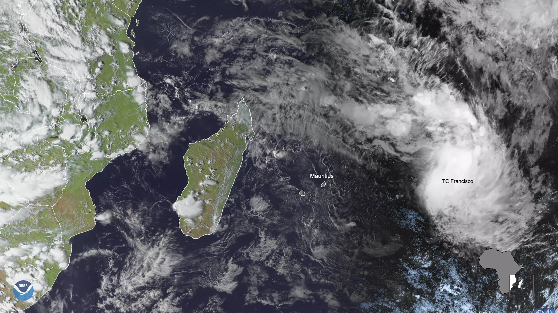  Meteosat-8 satellite imagery of Tropical Cyclone Francisco and the island of Mauritius in the south Indian Ocean, Feb. 5, 2020.
