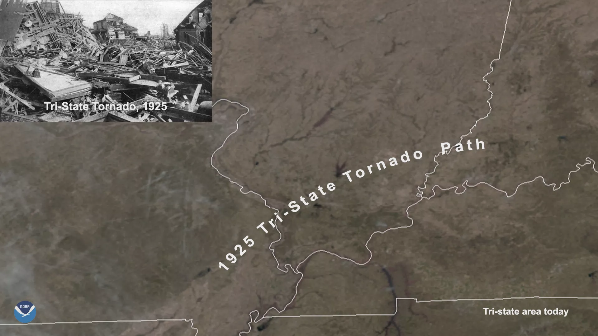 Track of the Tri-State Tornado from 95 years ago, compared with GeoColor imagery of area today. Inset of TriState Tornado damage from historical photo. 