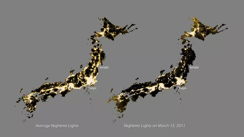 Nighttime lights in Japan before the tsunami and afterward on March 12, 2011. Imagery via DMSP.
