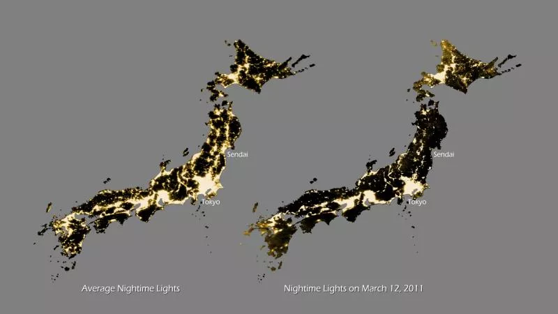 Nighttime lights in Japan before the tsunami and afterward on March 12, 2011. Imagery via DMSP. 