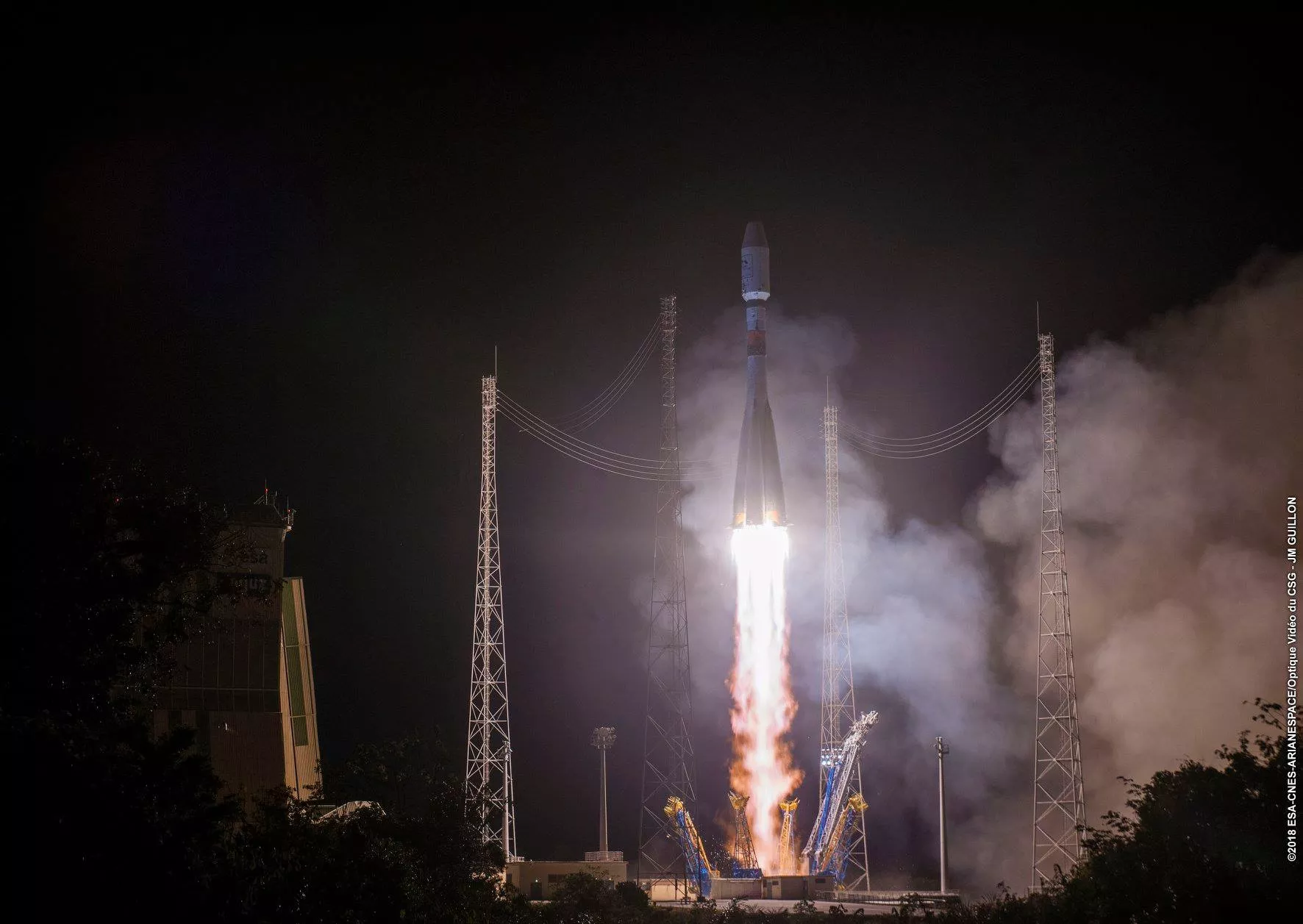 Photo of nighttime Metop-C launch on a Soyuz rocket from Europe’s Spaceport in French Guiana on Nov. 7, 2018, carrying four POES-legacy instruments.
