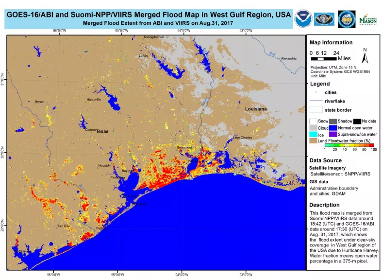 Texas after Harvey, merged flood map, floodwater fraction