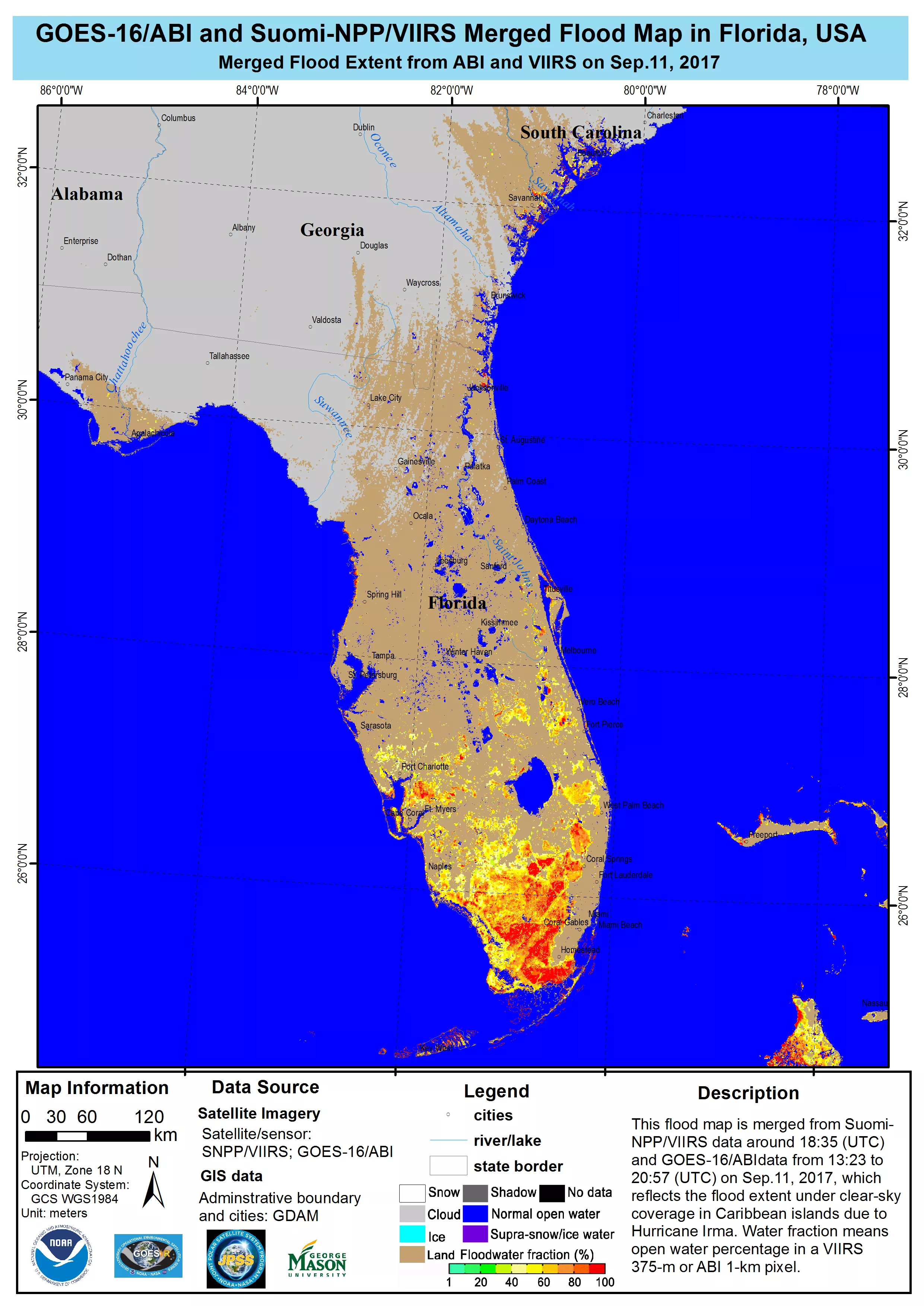 Florida after Irma, merged flood map, floodwater fraction