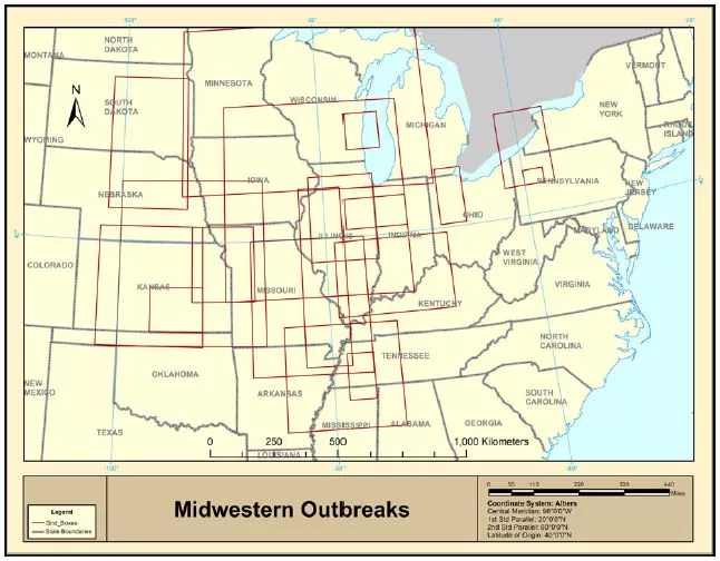 bounding boxes enclosing longer-lived contrail outbreaks in the Midwest