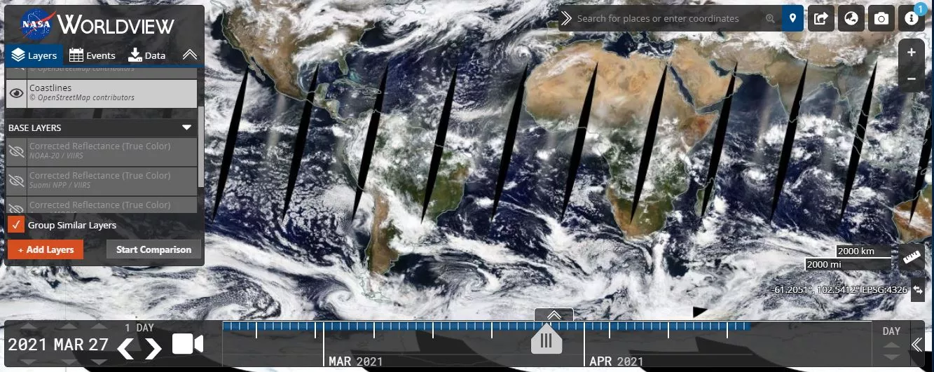 NASA WorldView rectangular projection of entire Earth, in True Color approximation and with unblended swaths