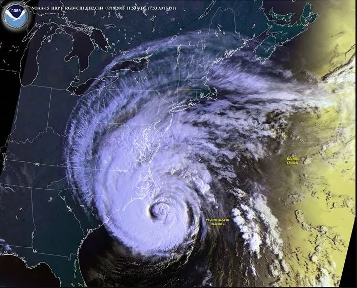NOAA-15 infrared image of Hurricane Isabel, taken on September 18, 2003.