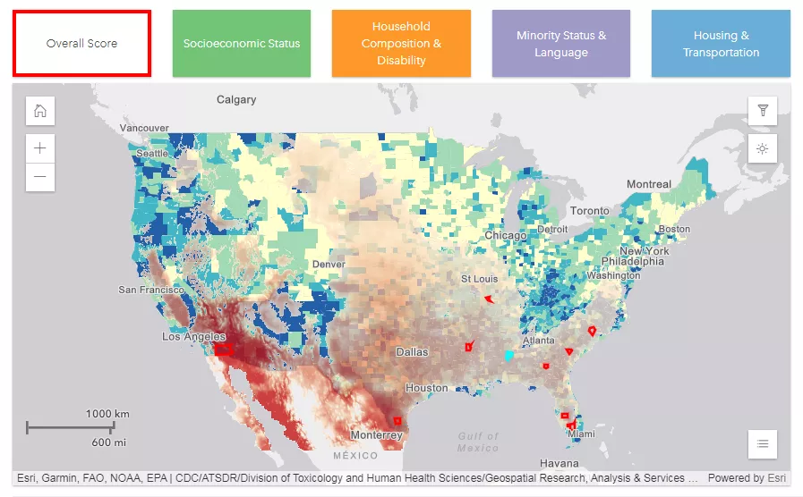 Map of the Continental U.S. with scoring according to socioeconomic status, disability, minority status, household composition