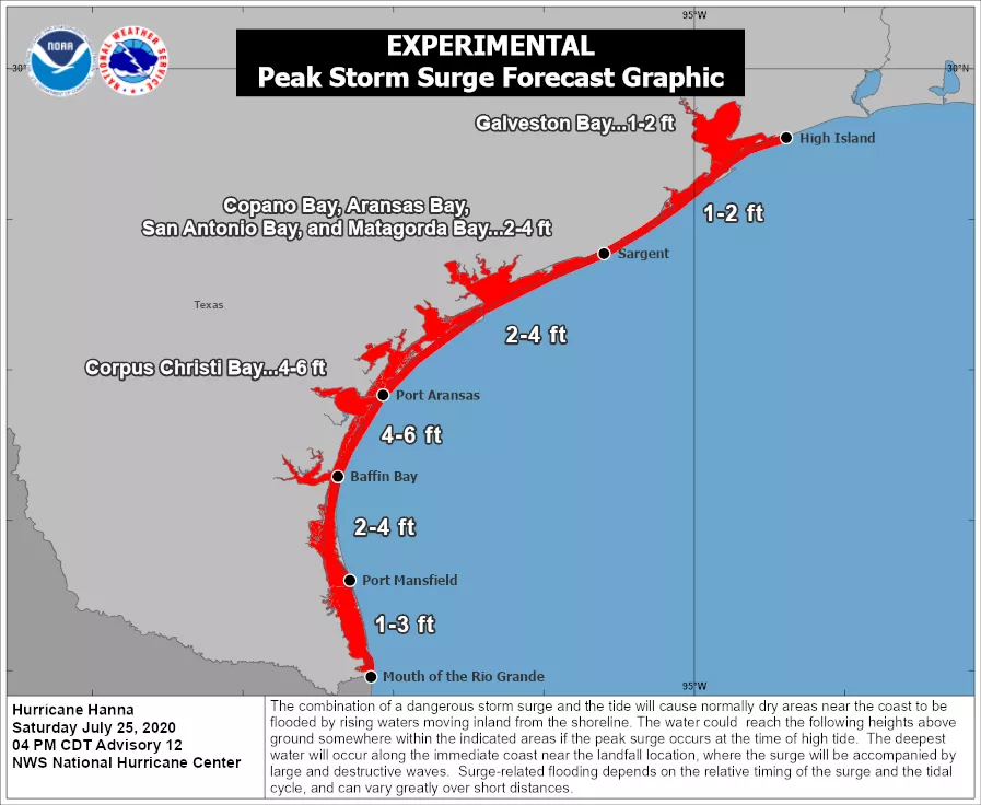 Infographic on experimental peak storm surge forecast for Hurricane Hanna in July 2020, outside of the Gulf Coast. 