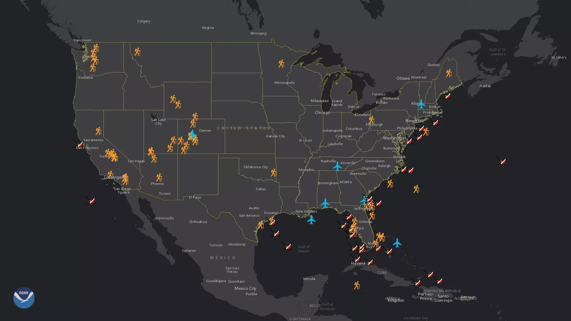 A map of SARSAT rescues throughout the United States. 
