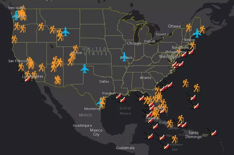 Image of continental U.S., with icons representing different SARSAT rescue operations.