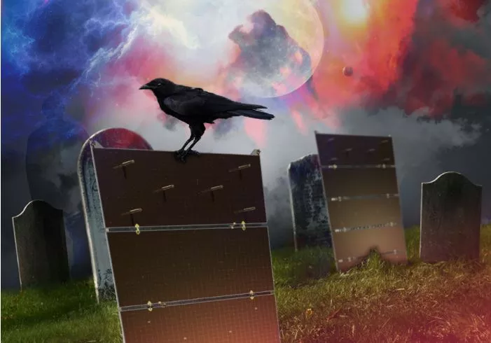 Illustration of raven sitting on top of satellite solar panel, buried upright in a graveyard. 
