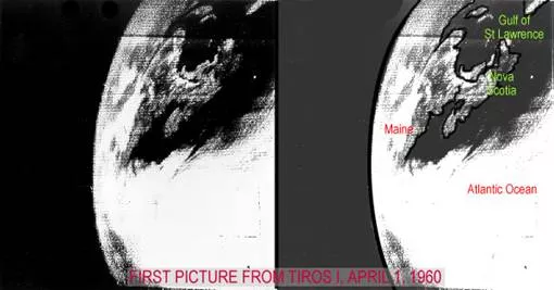 First imagery from TIROS-1, showing cloud cover over the Atlantic and North America in two separate images. 