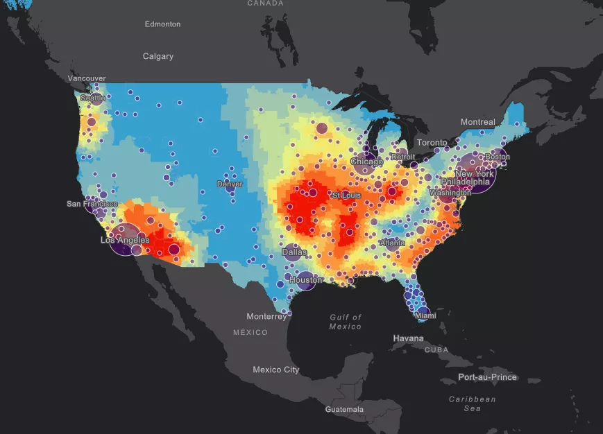 Map of the Continental U.S. with the places where high heat days have been most common so far (the cumulative number of heat alerts issued in that place since 2005). The purple symbols show Gross Domestic Product (GDP) by metropolitan area in the US as of 2015.